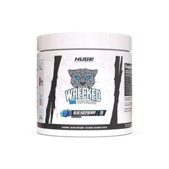 Huge Supplements Wrecked Core blue raspberry bottle ready for an energized training session.