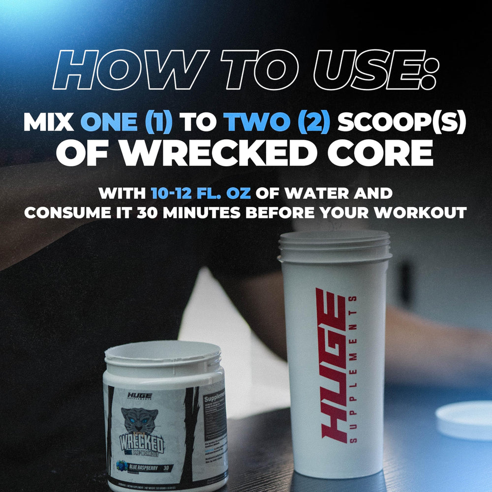 Huge Supplements Wrecked Core bottle on gym mat for pre-workout ritual.