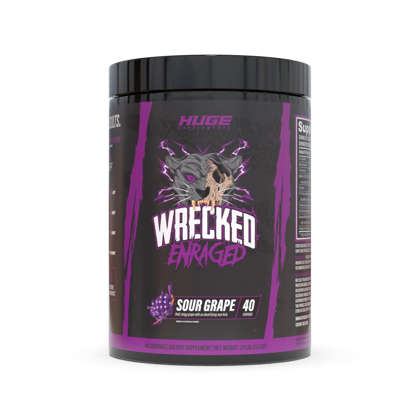 Huge Supplements Wrecked Enraged canister front showing high-stim energy formula.