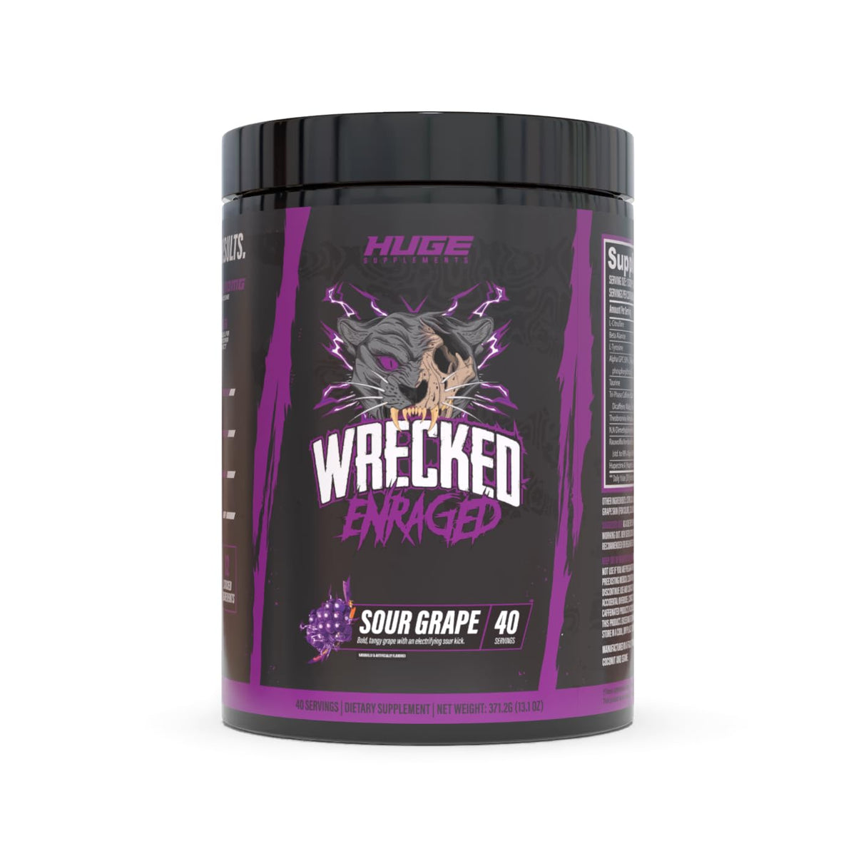 Huge Supplements Wrecked Enraged canister front showing high-stim energy formula.
