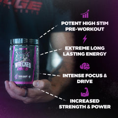 Huge Supplements Wrecked Enraged label close-up with caffeine matrix and serving details.