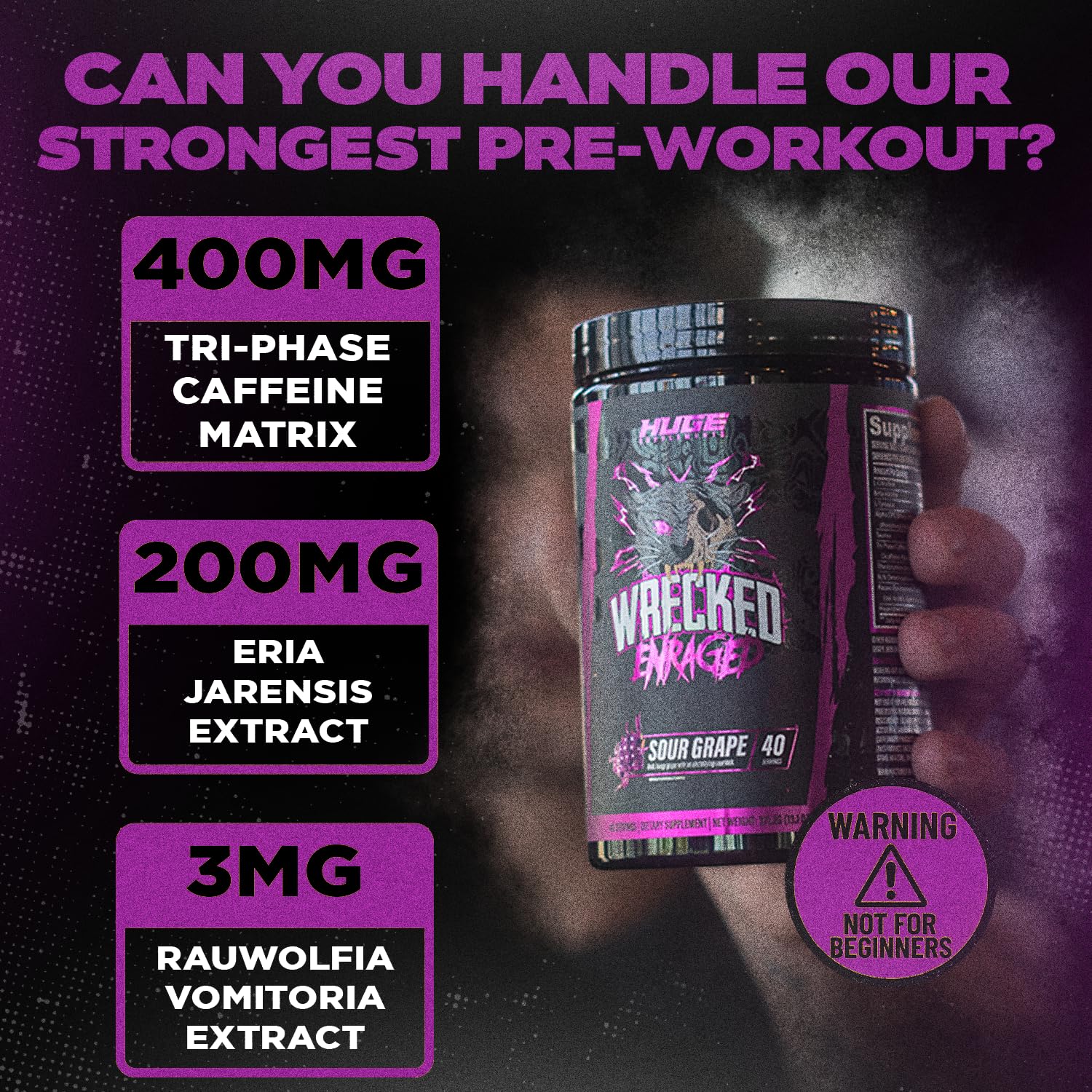 Huge Supplements Wrecked Enraged powder texture visible for intense workouts.