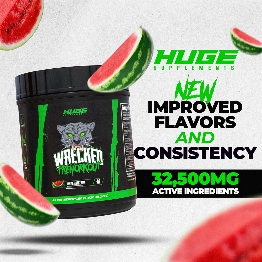 Huge Supplements Wrecked label close-up emphasizes caffeine and nitric oxide support.