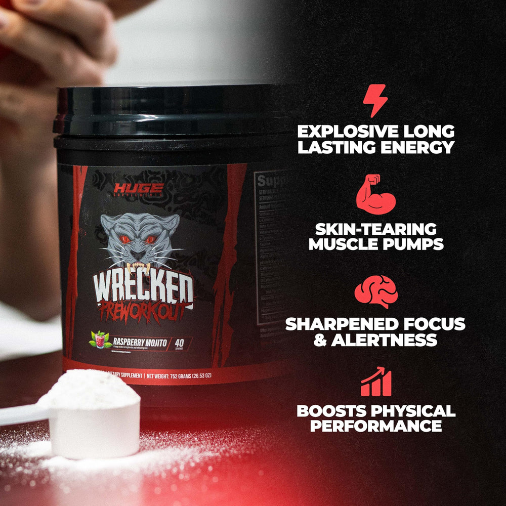 Huge Supplements Wrecked label close-up, transparent ingredient dosages