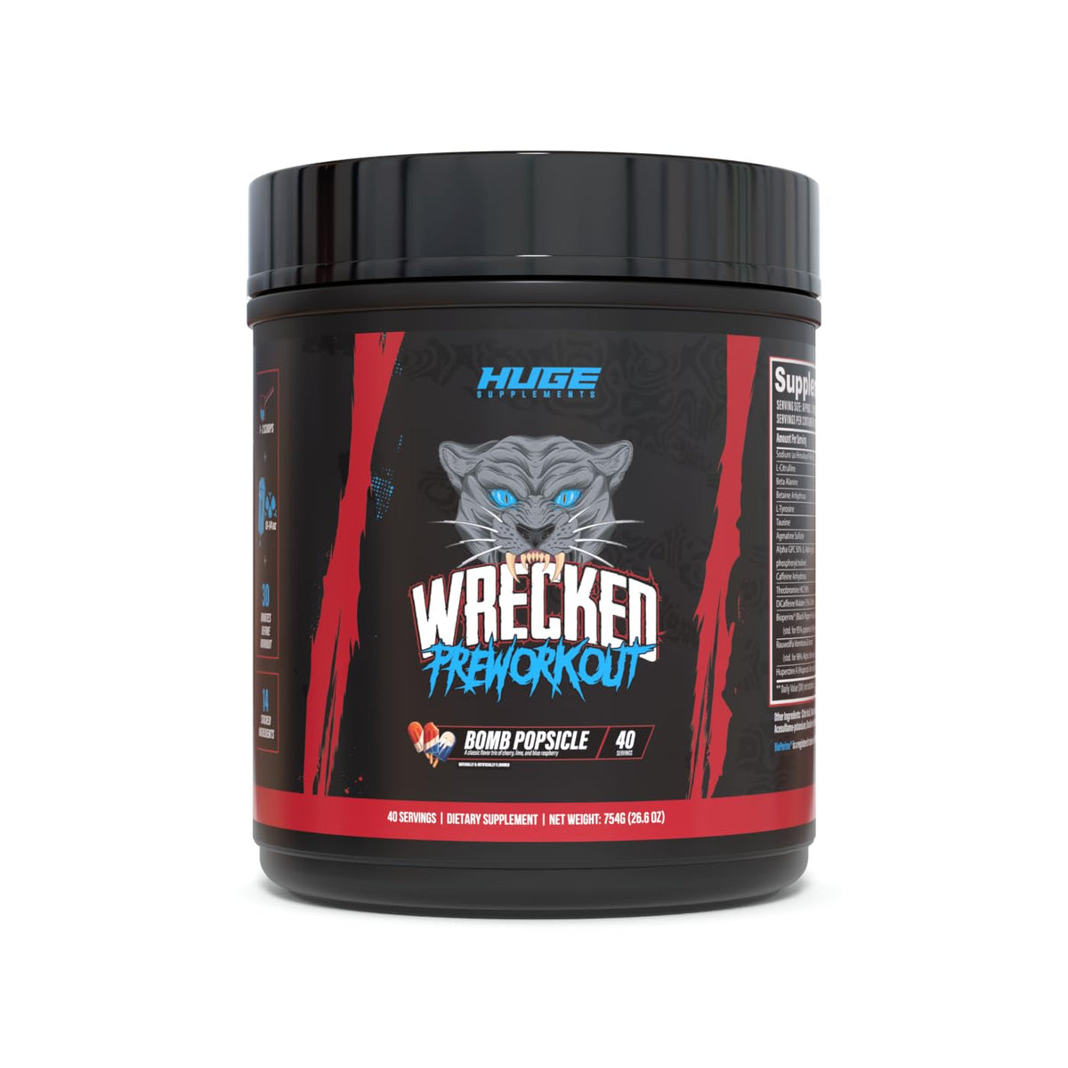 Huge Supplements Wrecked pre-workout bottle pour showing quick energy and focus support