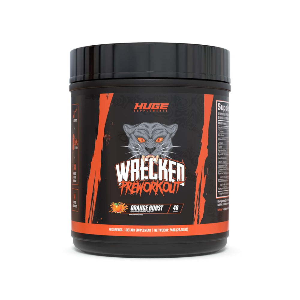 Huge Supplements Wrecked pre-workout container showing the product label and energy focus potential
