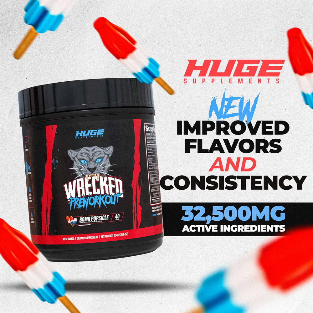 Huge Supplements Wrecked pre-workout label closeup communicates ingredient transparency