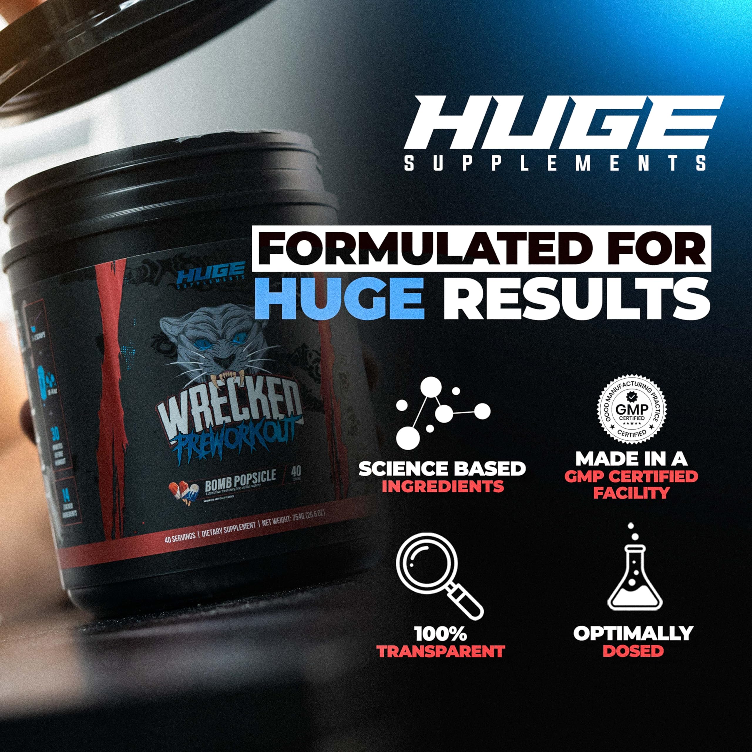 Huge Supplements Wrecked pre-workout powder dissolving in water demonstrates rapid blend