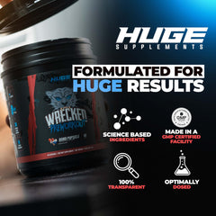 Huge Supplements Wrecked pre-workout powder dissolving in water demonstrates rapid blend