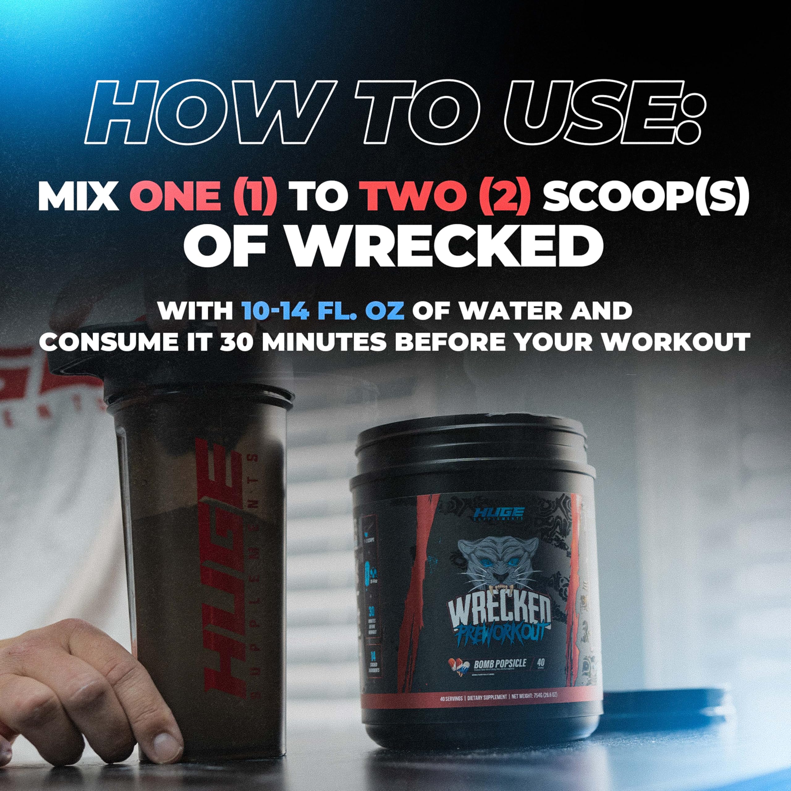 Huge Supplements Wrecked pre-workout shaker with mixed drink hints at sustained energy