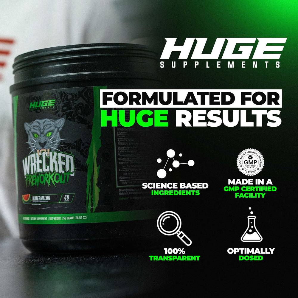 Huge Supplements Wrecked shaker in gym scene emphasizes focus and performance.
