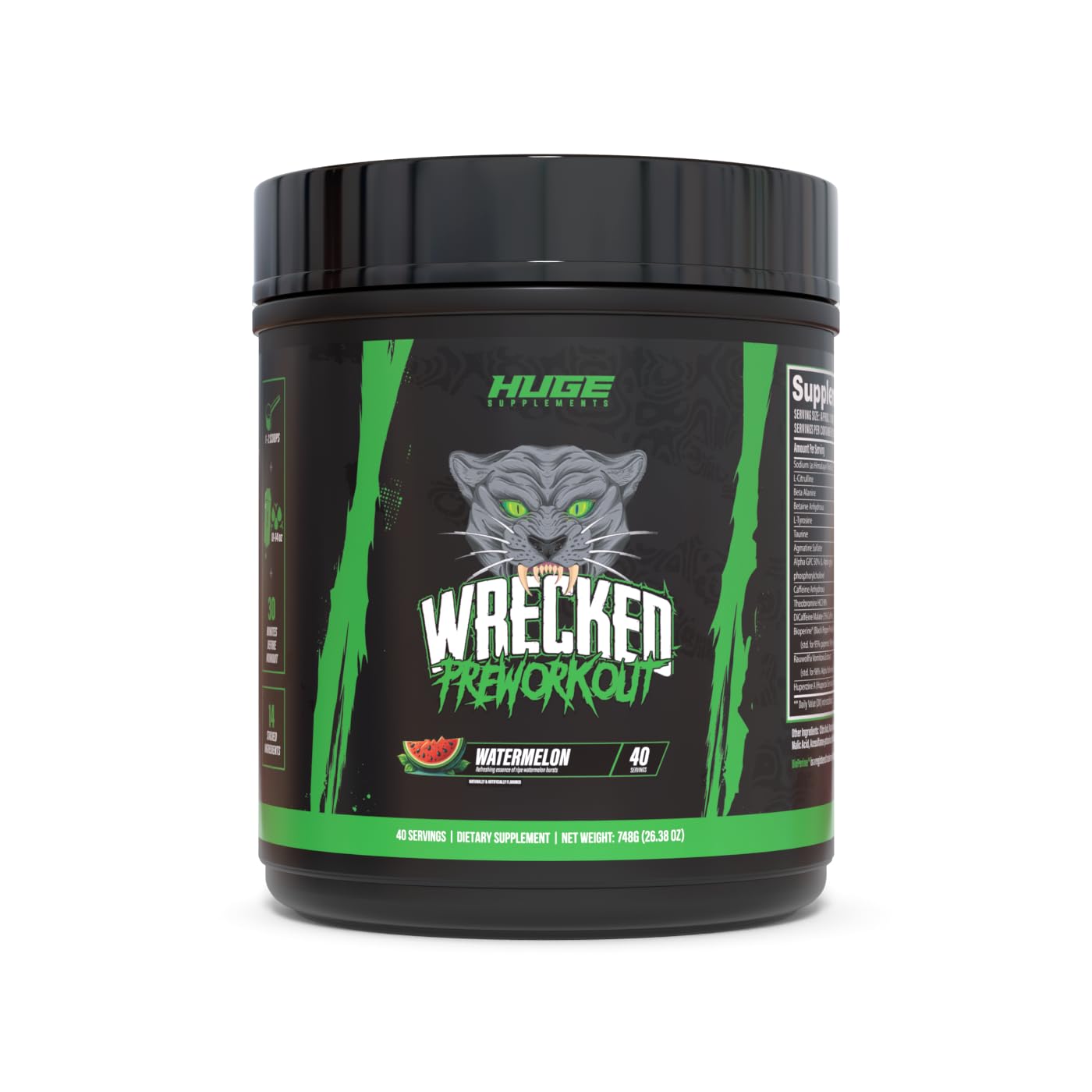 Huge Supplements Wrecked watermelon canister showcasing flavor-packed pre-workout energy.