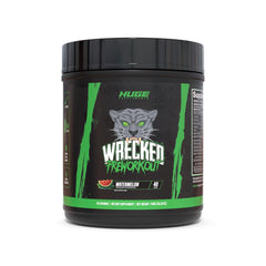 Huge Supplements Wrecked watermelon canister showcasing flavor-packed pre-workout energy.