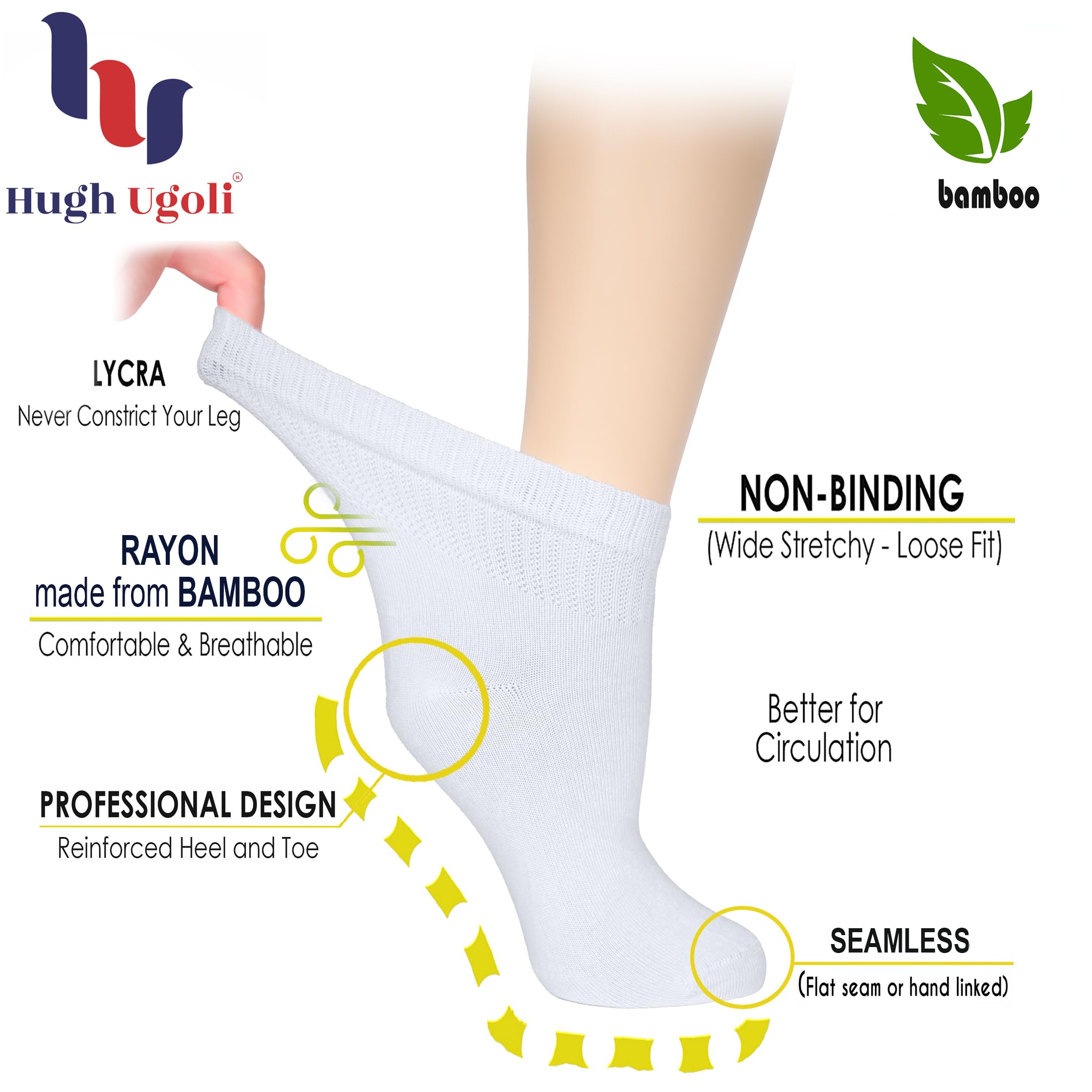 Hugh Ugoli ankle sock with wide top fit for gentle wear.