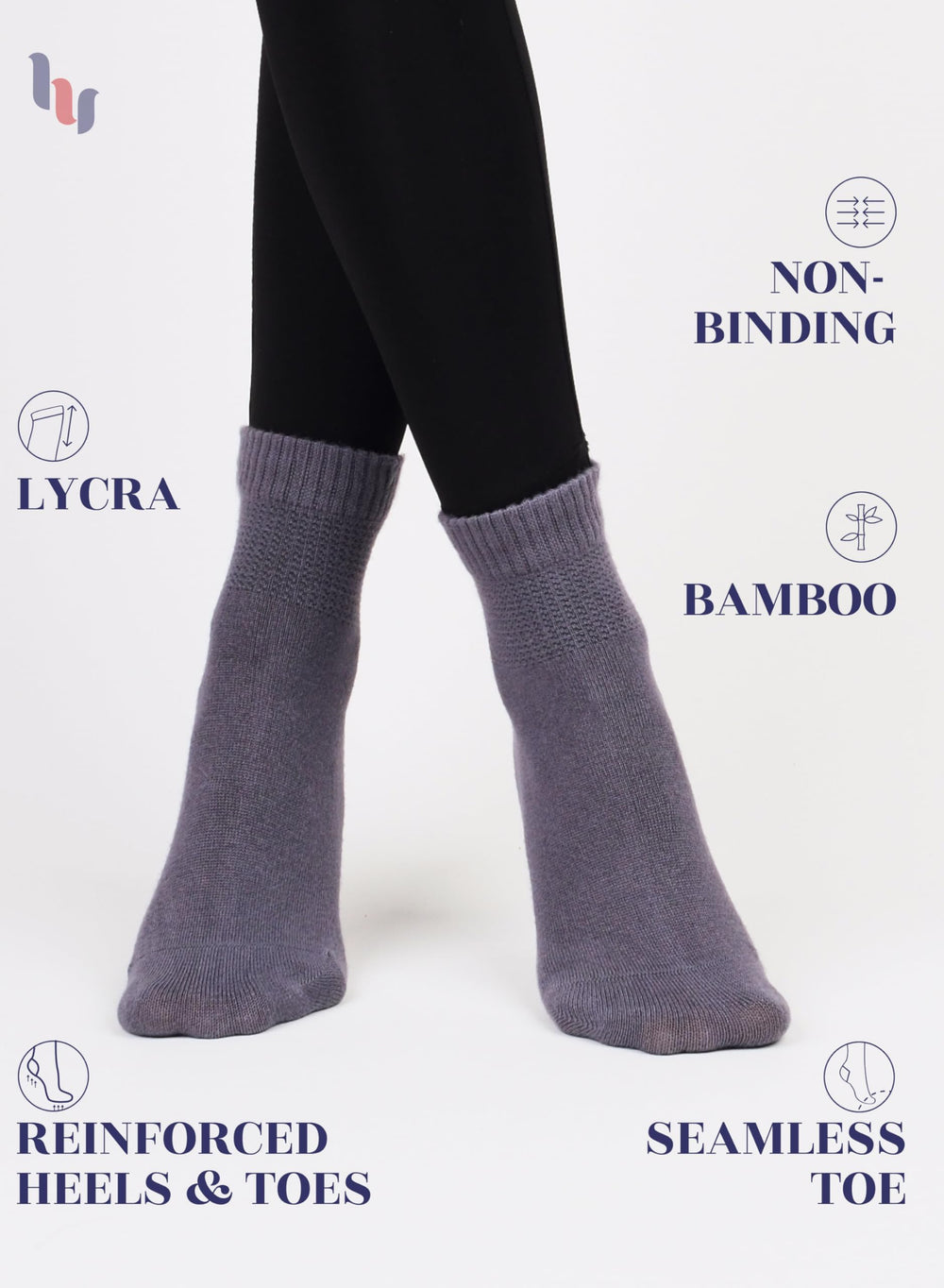 Hugh Ugoli women’s grey ankle socks showcasing breathable, moisture-wicking rayon for all-day comfort
