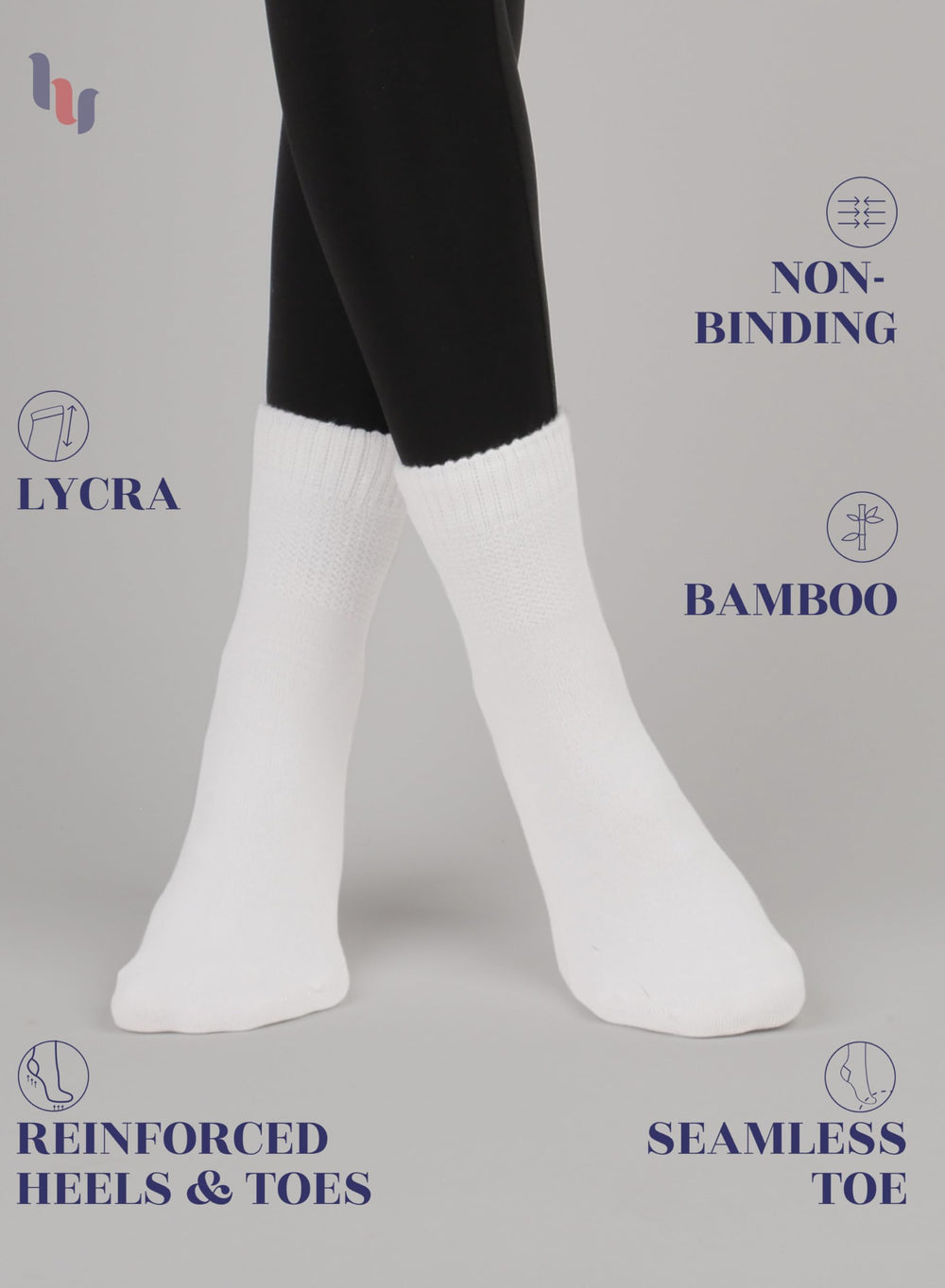 Hugh Ugoli diabetic socks white close-up highlighting non-binding top for comfortable fit
