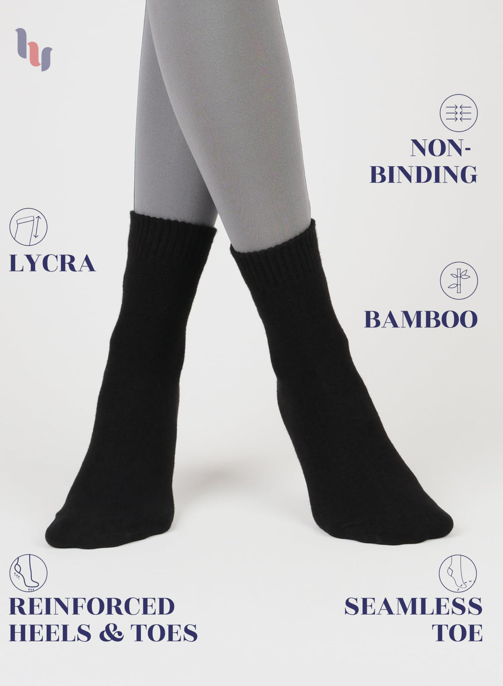 Hugh Ugoli women's socks with a wide loose top to reduce tightness.