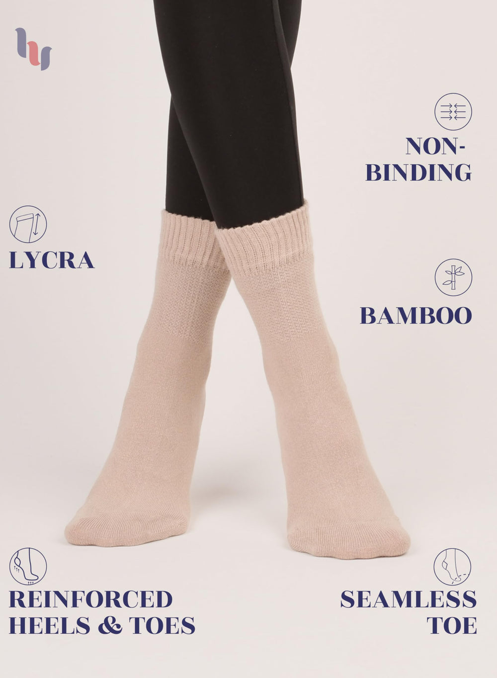 Hugh Ugoli socks, light beige, top view, illustrating wide non-binding cuff.