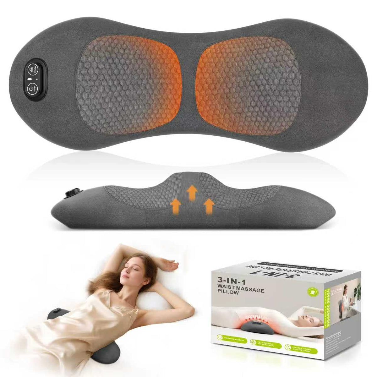 HuixinLine back massager front view showing compact ergonomic pillow for targeted lower back relief