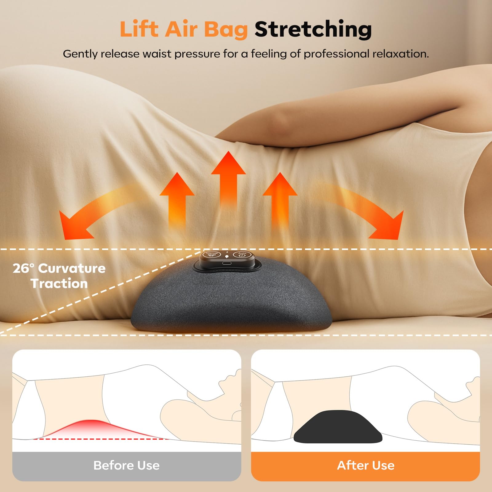 HuixinLine Smooth Triple Fusion lumbar pillow in traction mode easing lower back stiffness