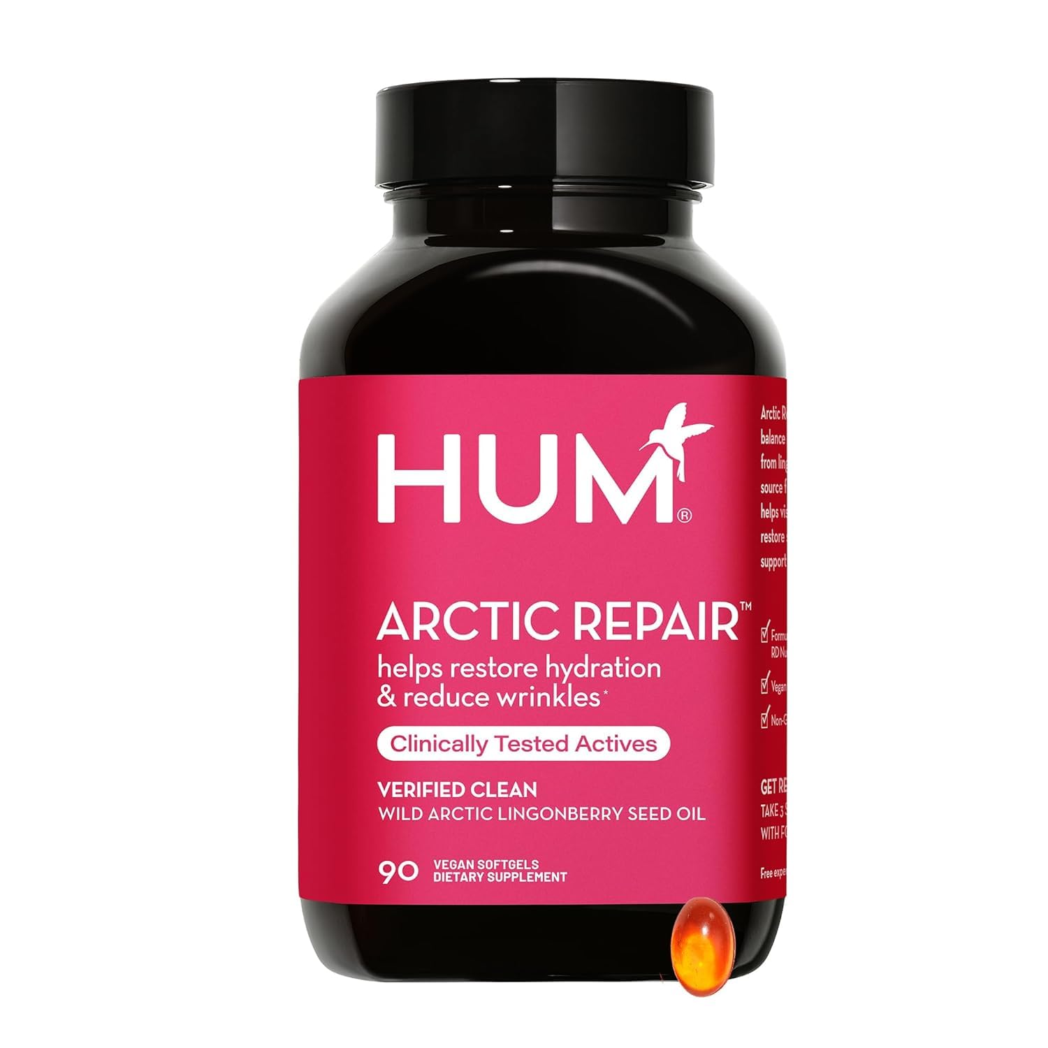 HUM Arctic Repair bottle closeup shows omega-rich formula for hydrated skin.