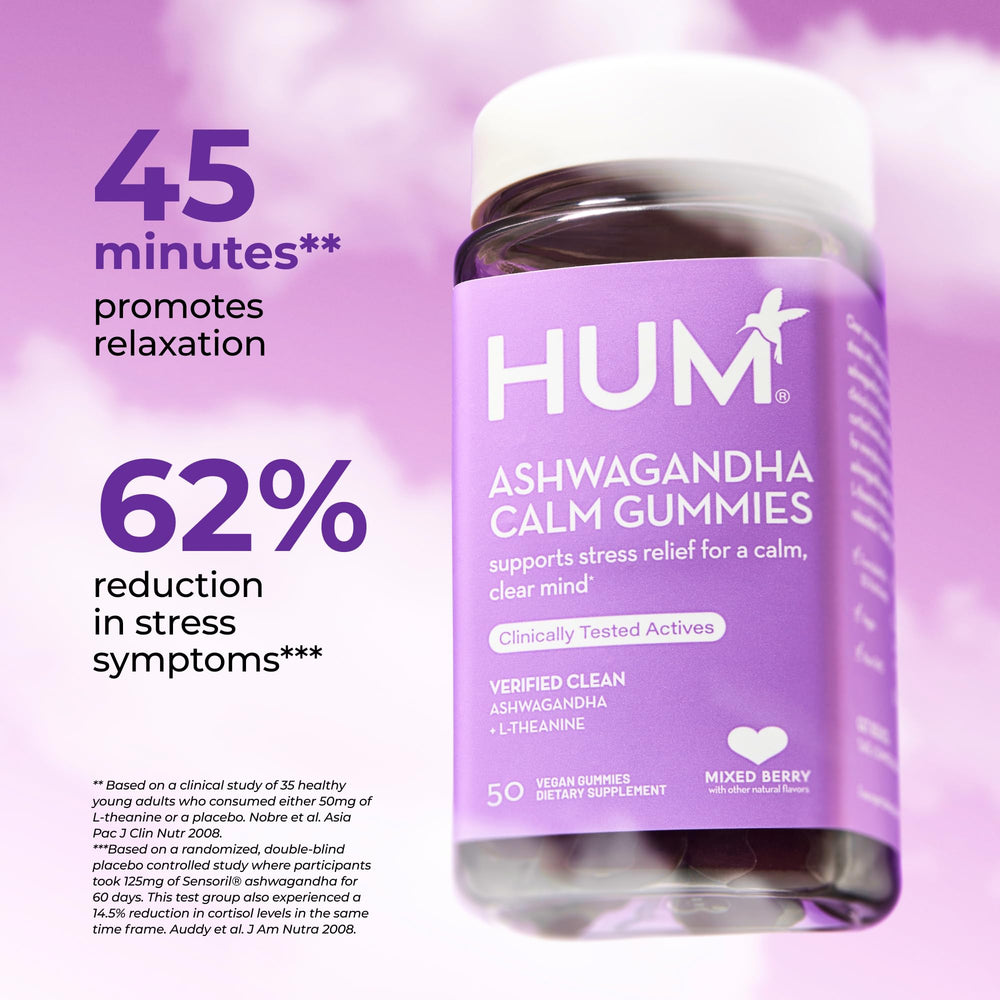 HUM Calm Ashwagandha gummies mixed berry shot for daily routine.