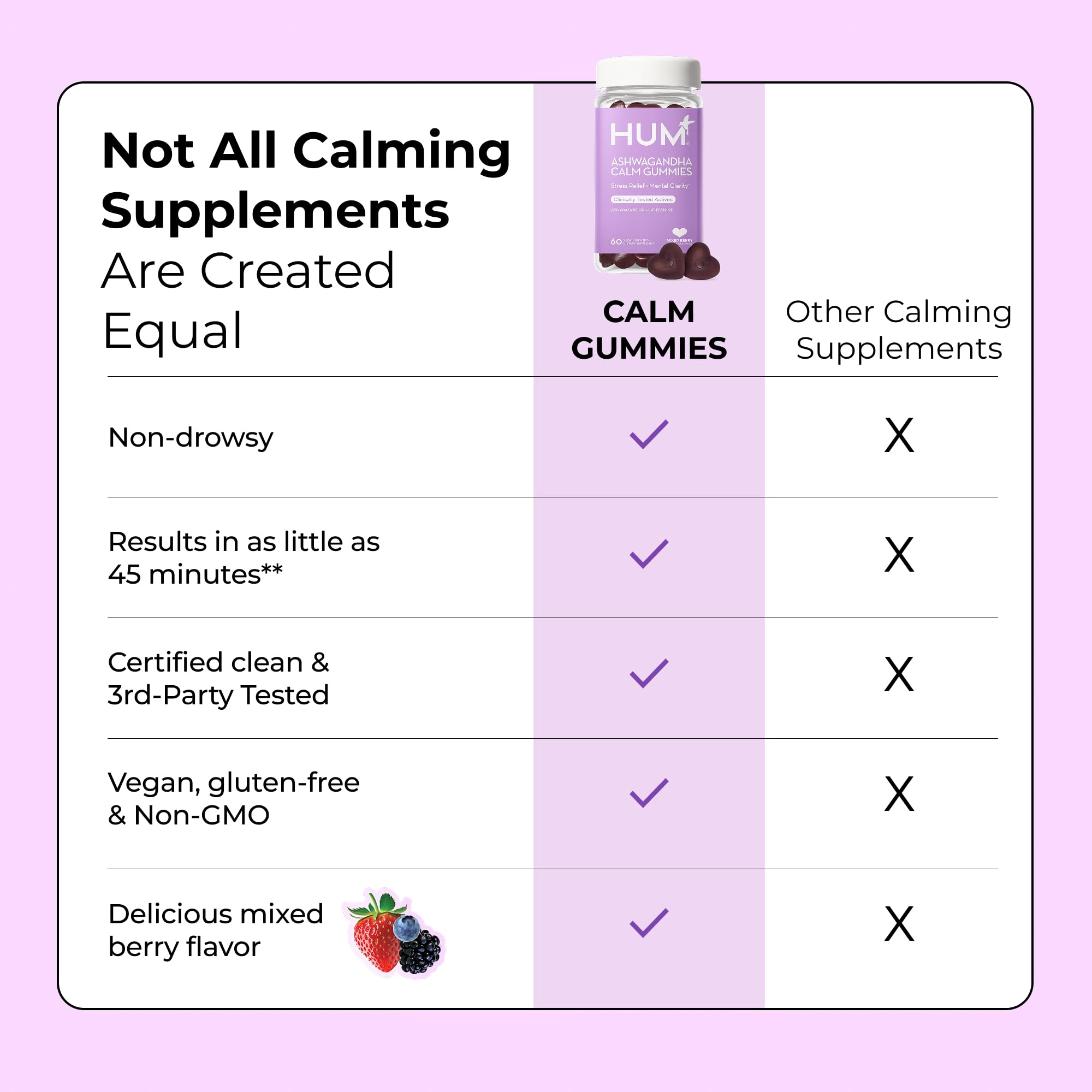 Vegan symbol appears on HUM Calm packaging indicating plant-based formula.