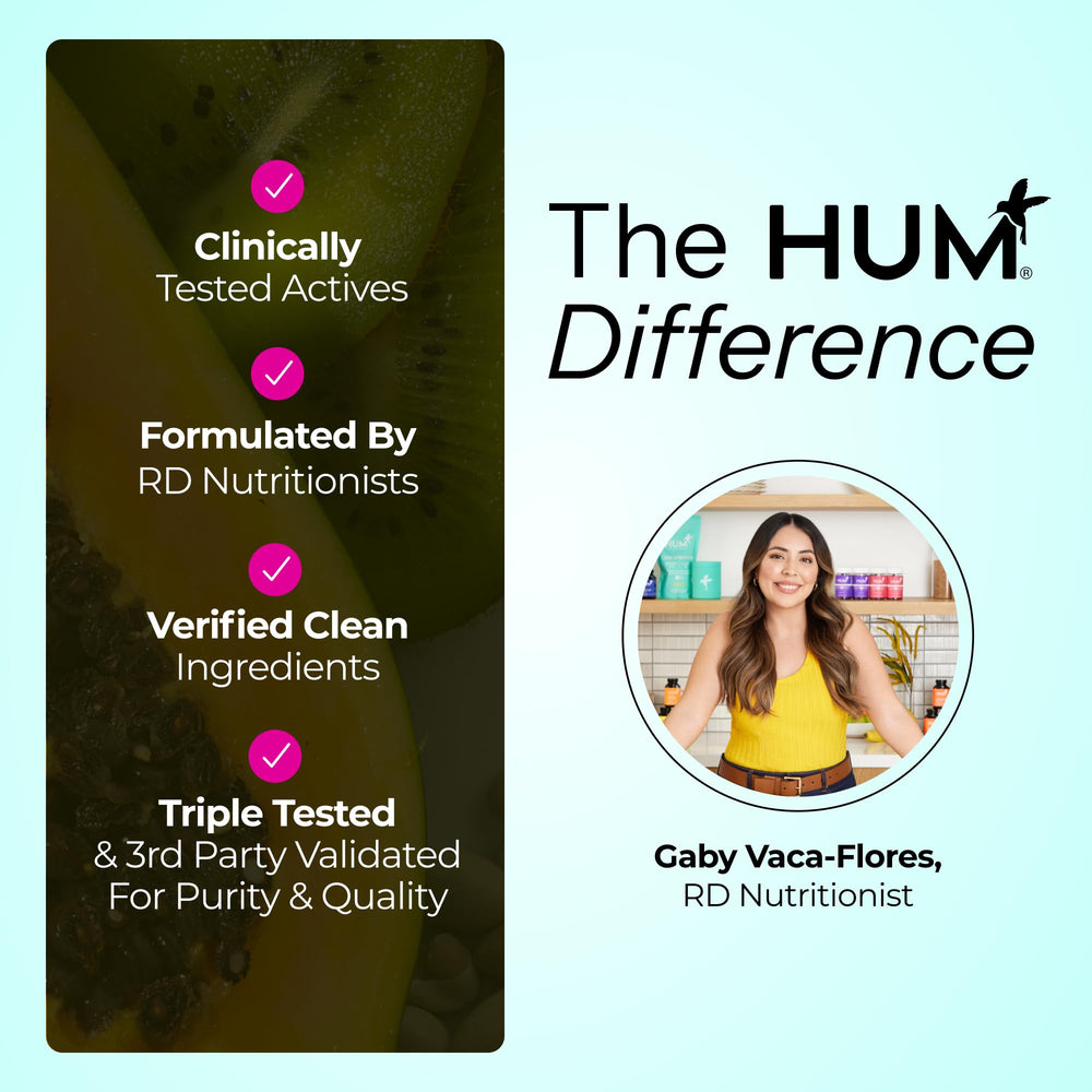 Hum Daily Cleanse ingredients panel highlights botanical blends for skin-friendly support.
