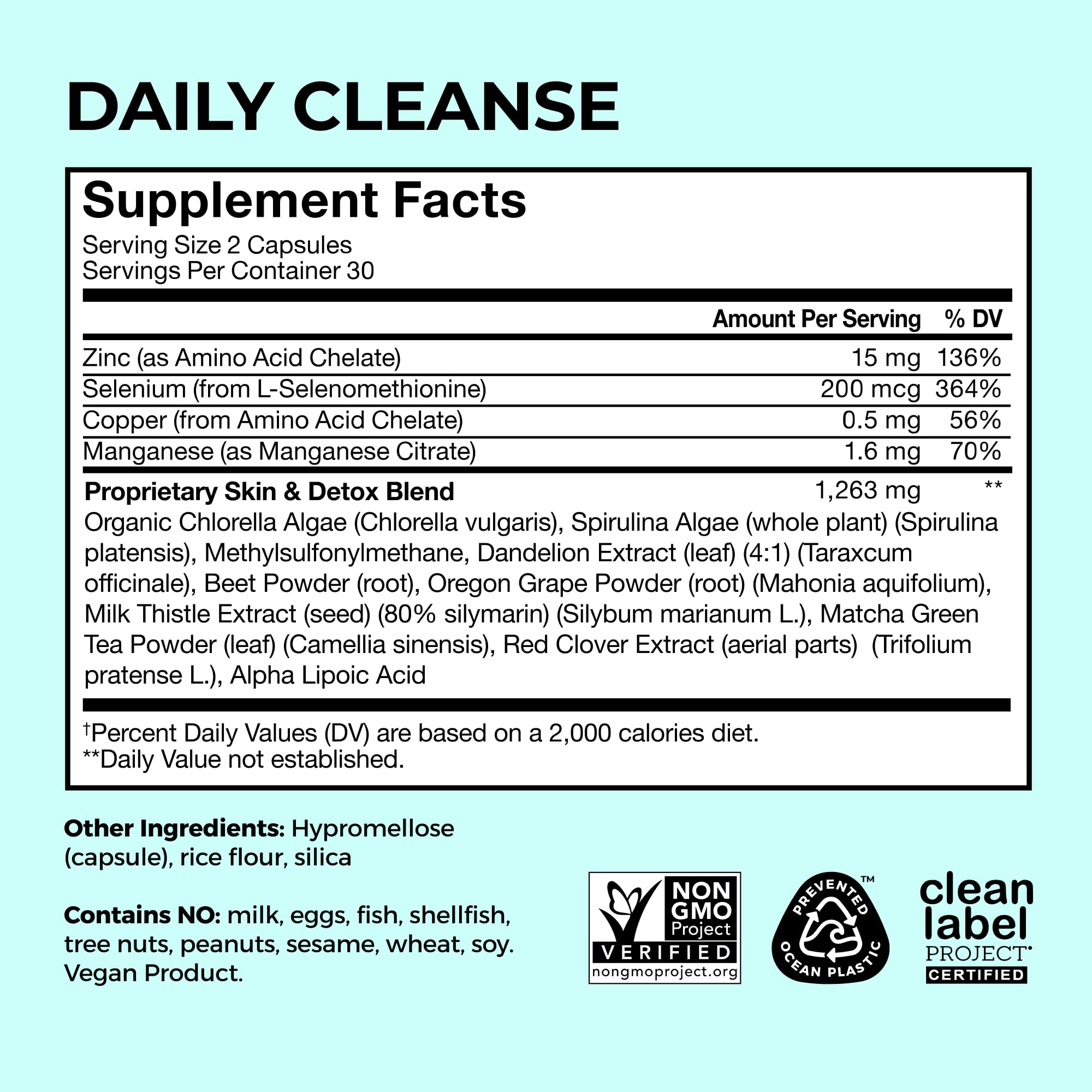 Hum Daily Cleanse organic algae ingredients label showcases vegan nourishing blend.