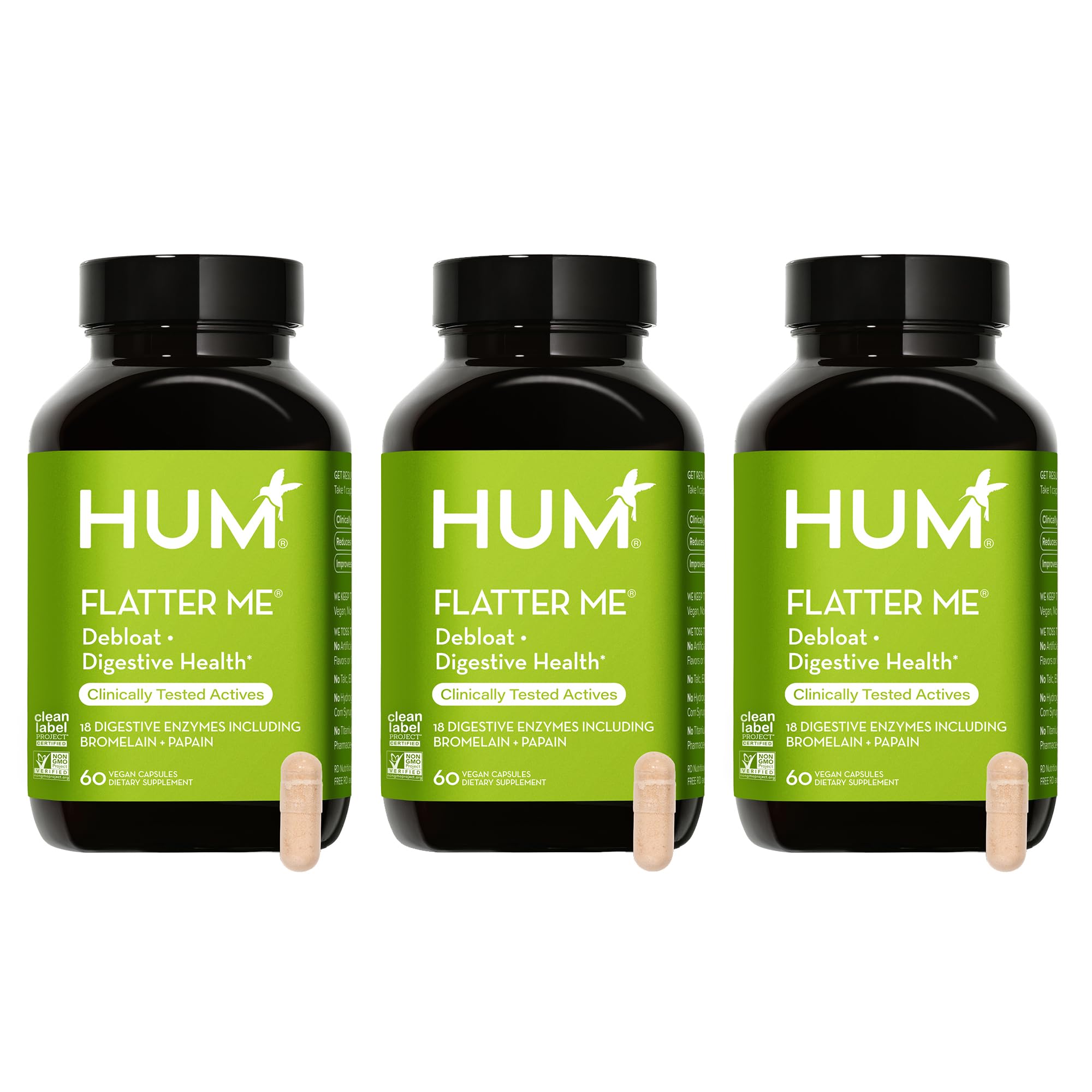 HUM Flatter Me bottle front showing fast-acting digestive support packaging.