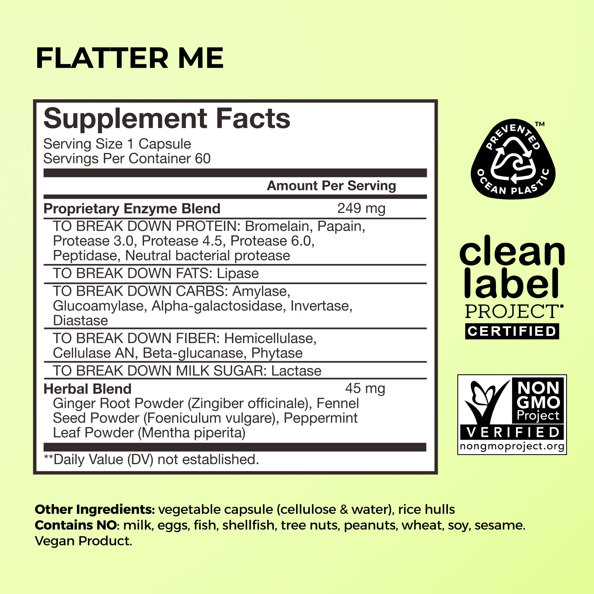 HUM Flatter Me bottle back highlights nutrients and bloating relief features.