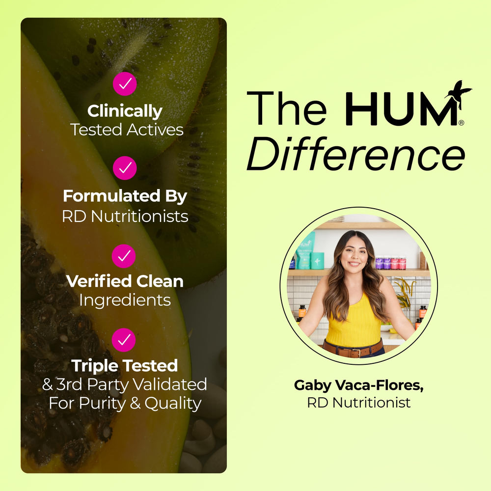 Vegan-friendly icon on HUM Flatter Me packaging for vegan lifestyles.