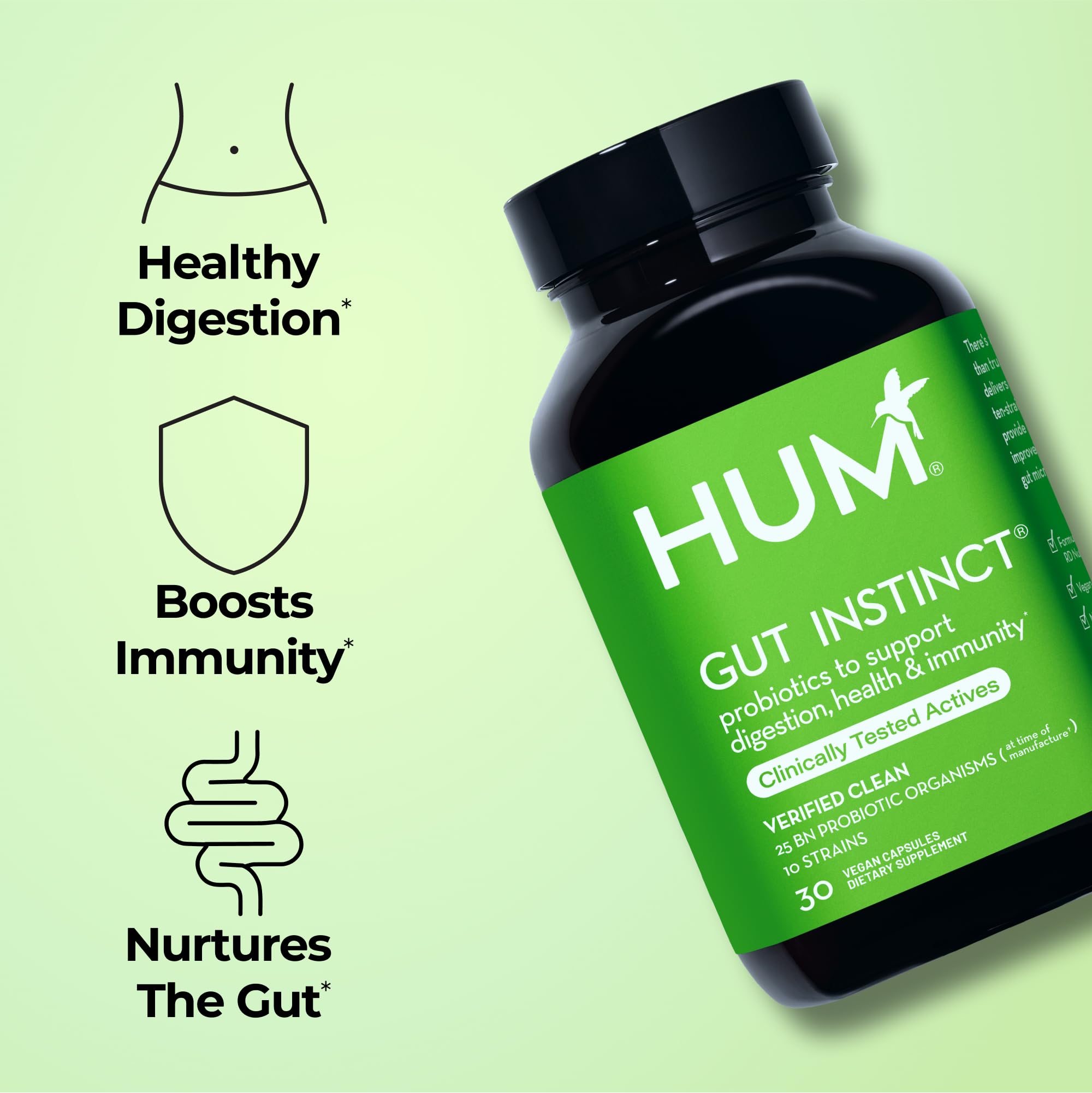 HUM Gut Instinct capsules closeup showing multi-strain blend