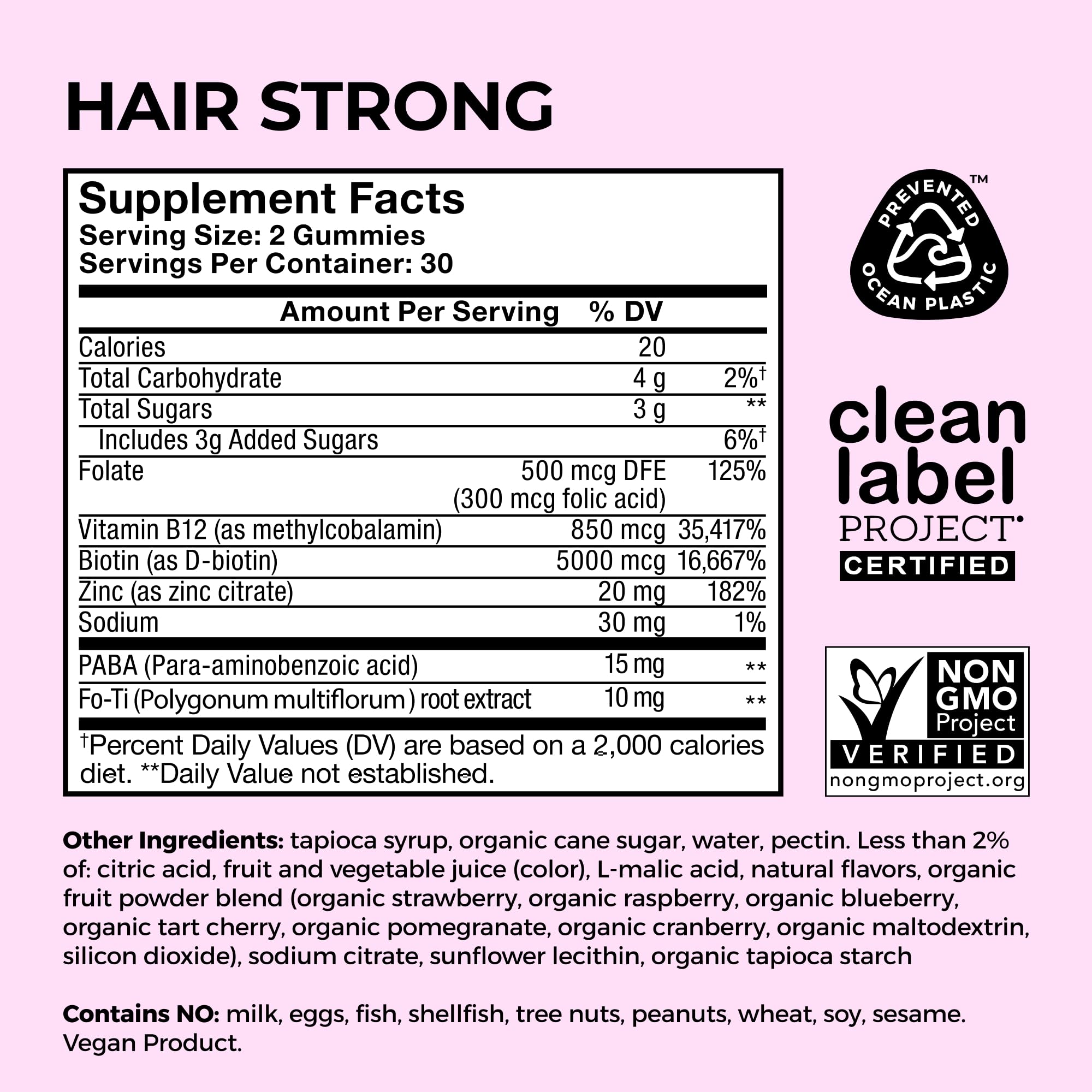 Hum Hair Strong vegan non-GMO label on bottle.