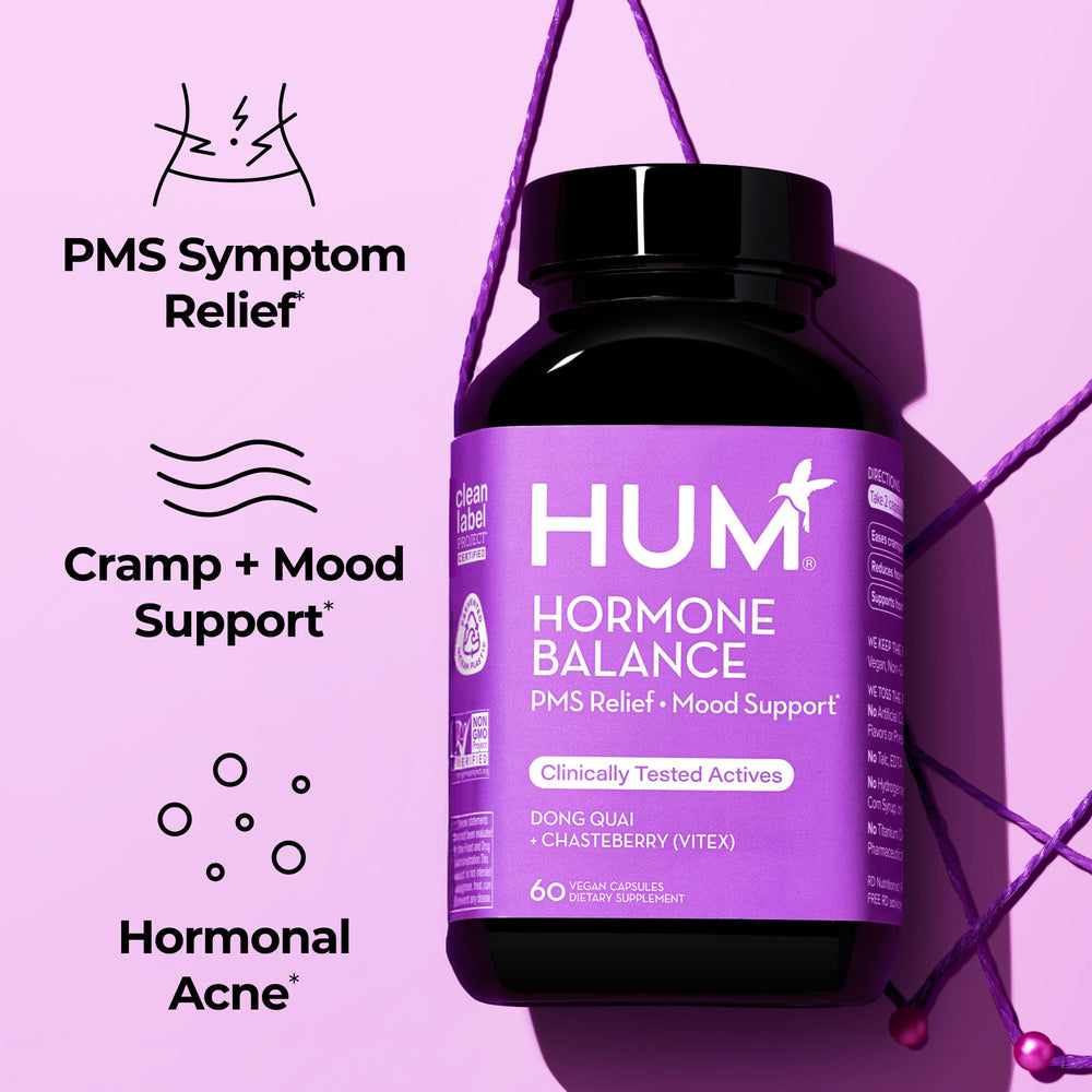 Close-up of Hum Hormone Balance capsules with Vitex and Dong Quai ingredients