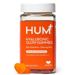 HUM Hyaluronic Glow bottle highlighting hydration support for radiant skin