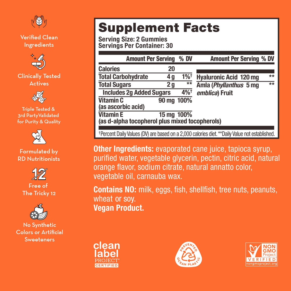 Close-up of HUM Hyaluronic Glow gummies emphasizing vegan hydration benefits