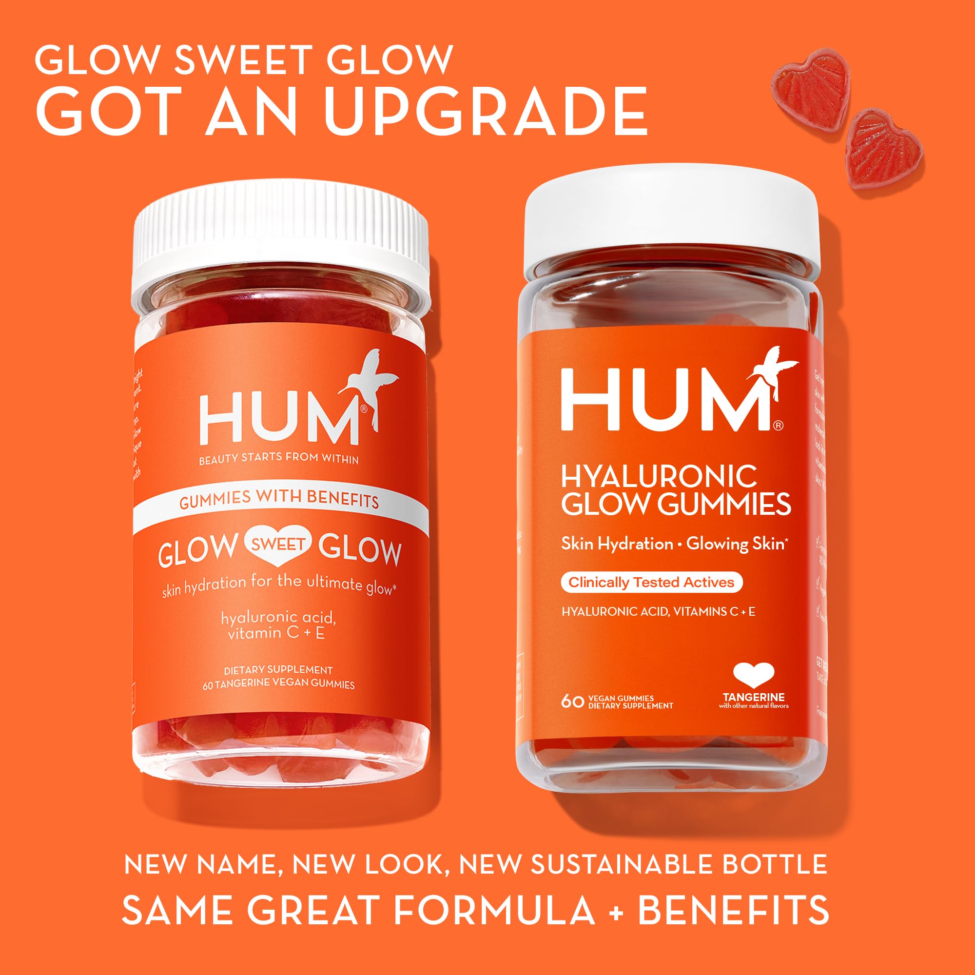 HUM Hyaluronic Glow label shows clean, non-GMO formulation