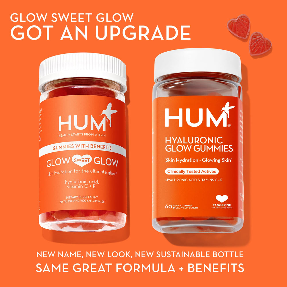 HUM Hyaluronic Glow label shows clean, non-GMO formulation