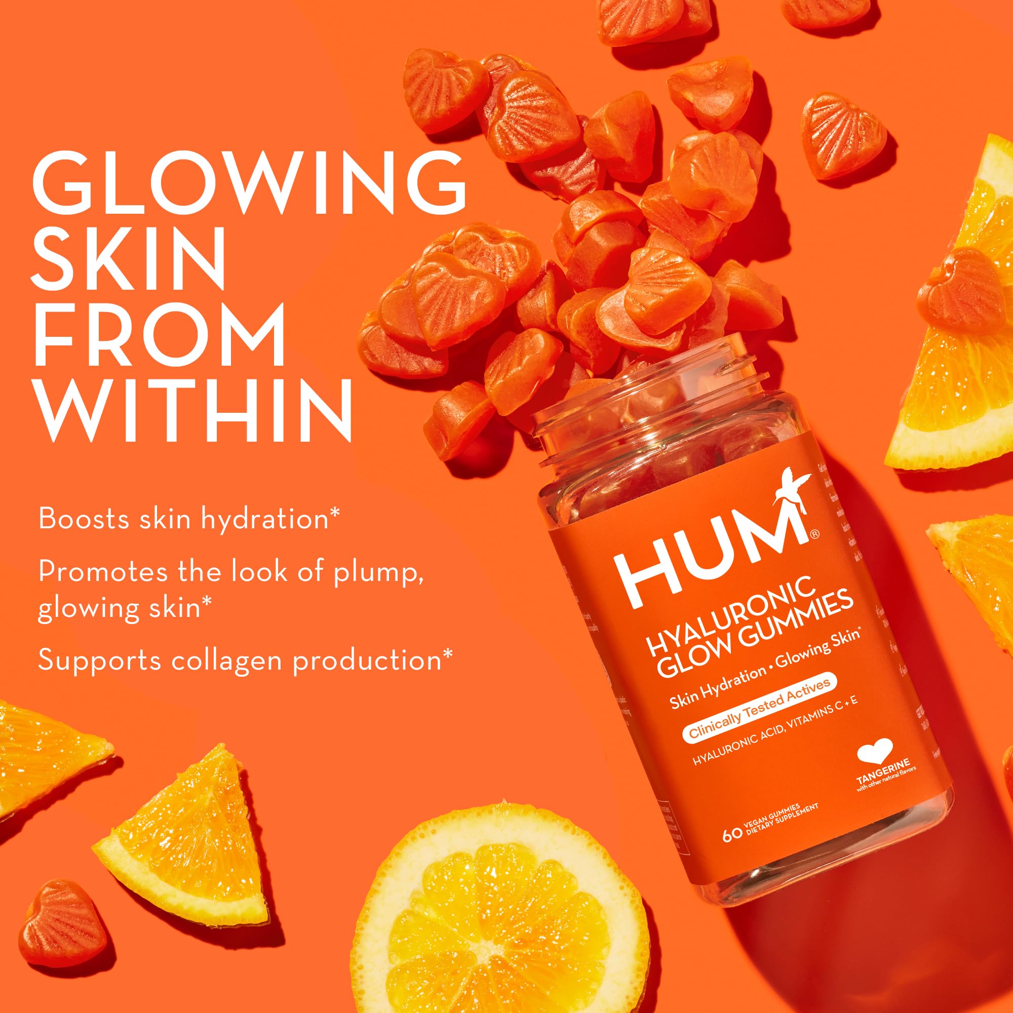 HUM Hyaluronic Glow Tangerine flavor gummies close-up