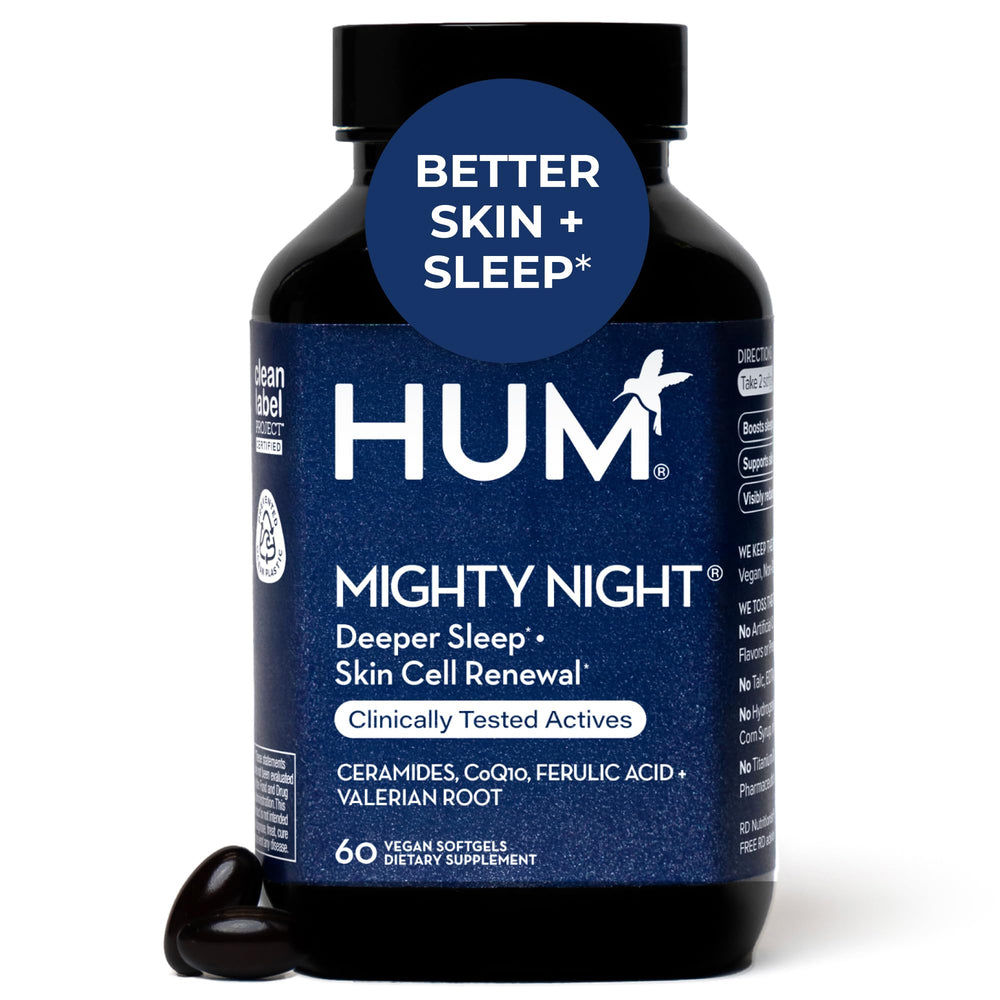 Hum Mighty Night bottle front showing overnight skin support for glow