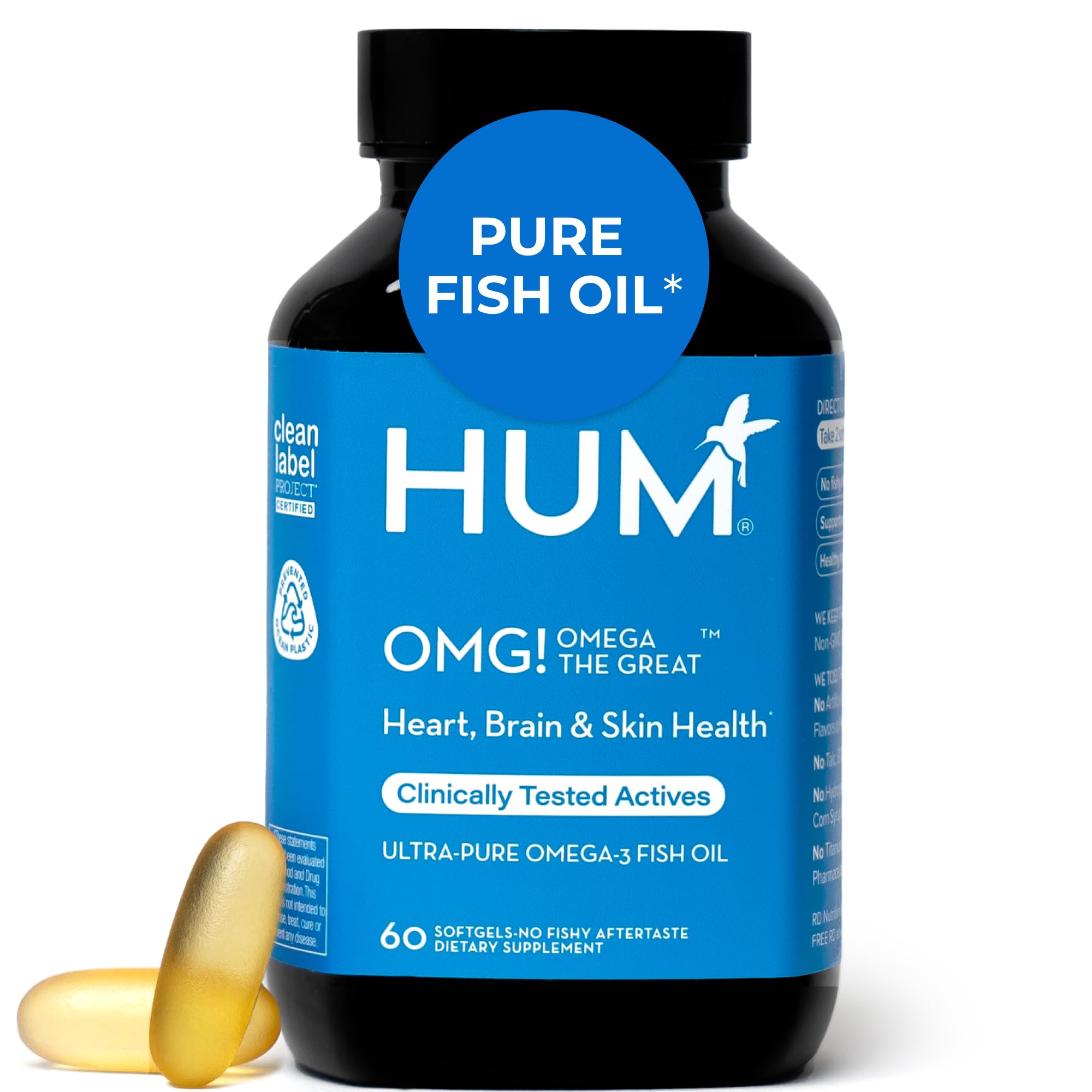 HUM OMG! Omega The Great bottle shows the triple omega formula for daily wellness.