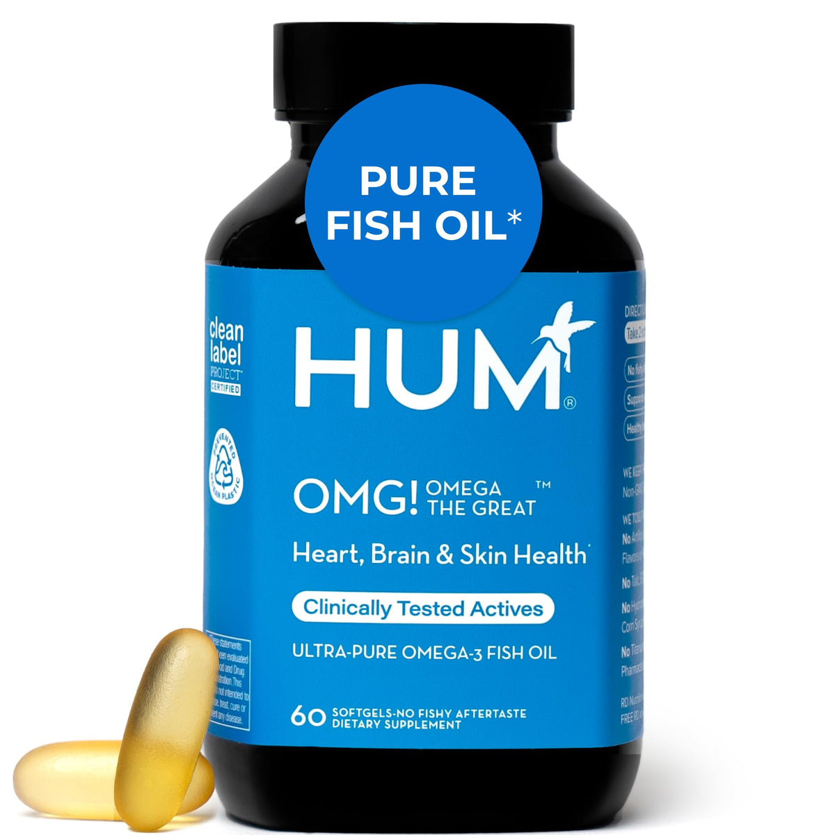 HUM OMG! Omega The Great bottle shows the triple omega formula for daily wellness.