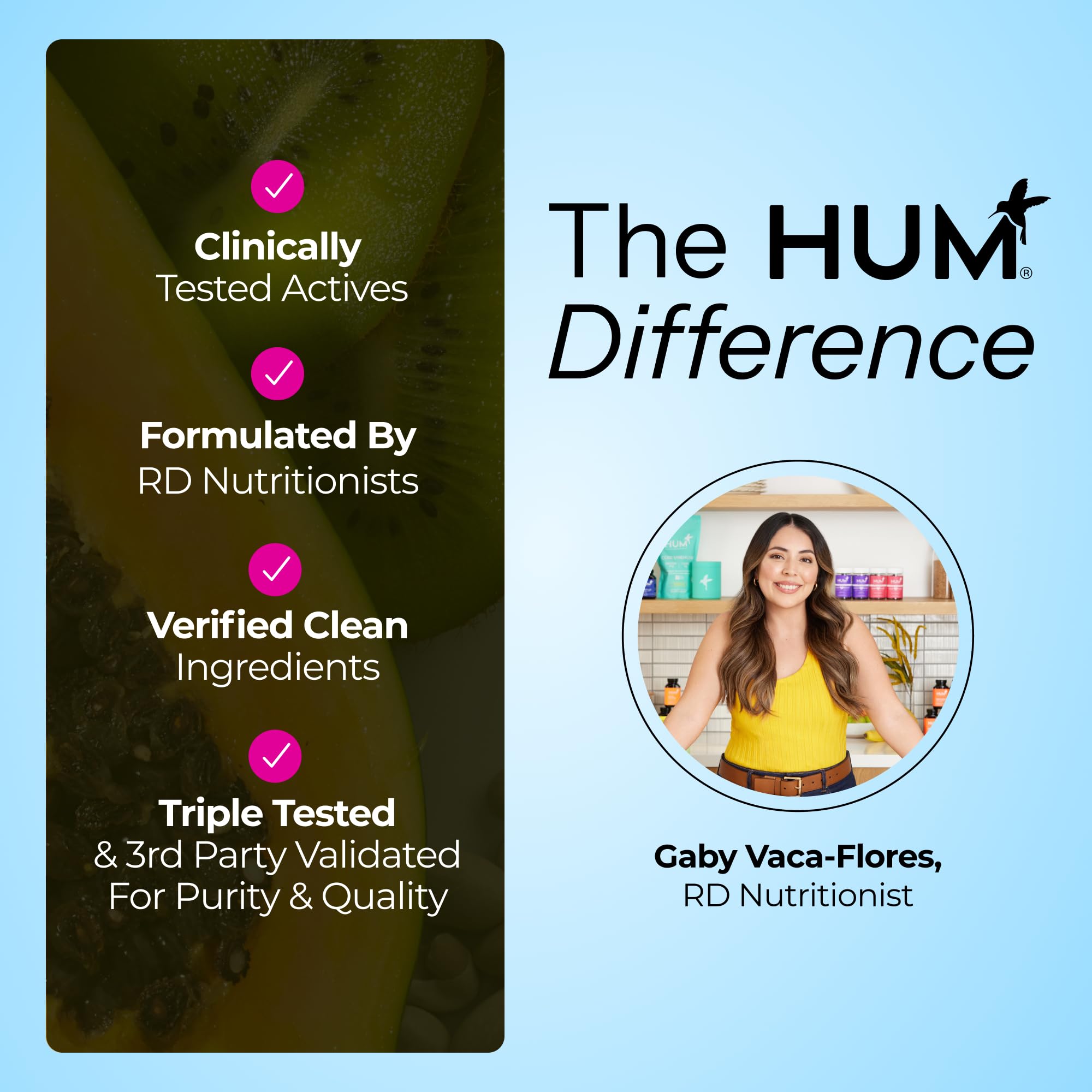 HUM OMG! Omega The Great packaging front highlights gluten-free and non-GMO claims.