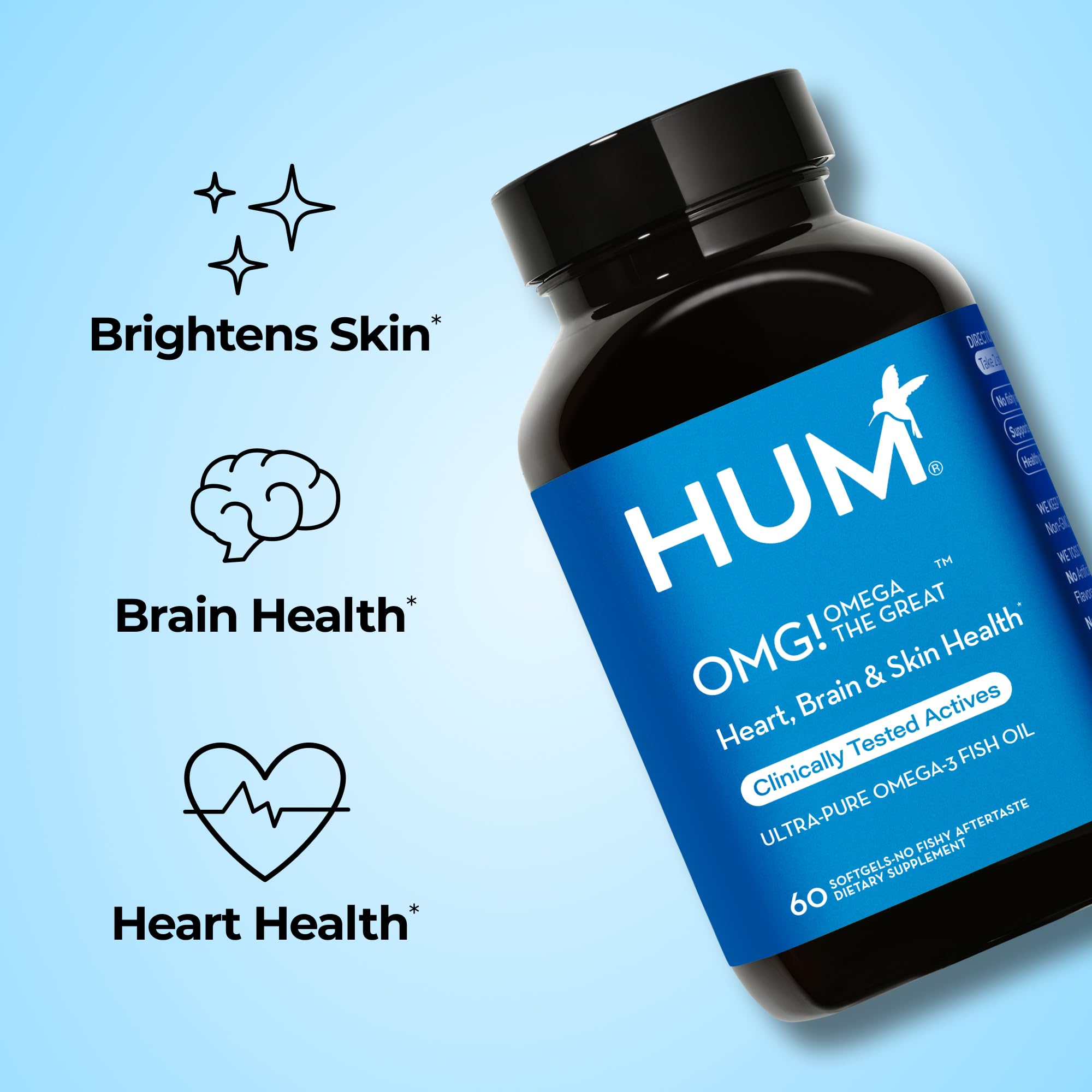 HUM OMG! Omega The Great softgels close-up illustrating easy-to-swallow capsules.