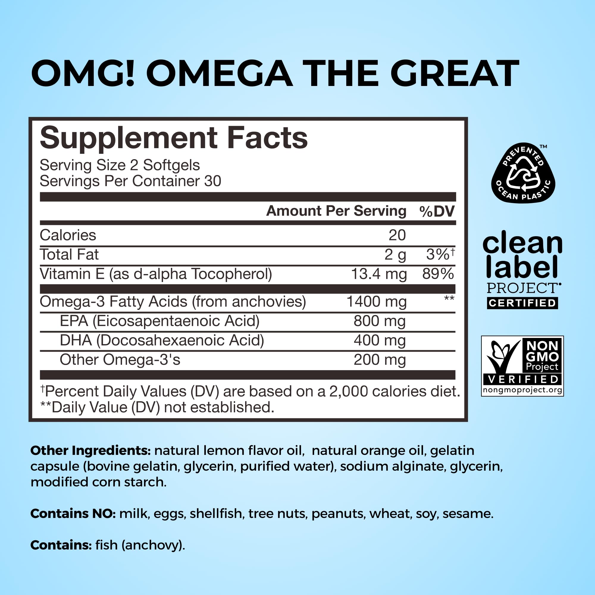 HUM OMG! Omega The Great label highlights vitamin E and skin tone support.
