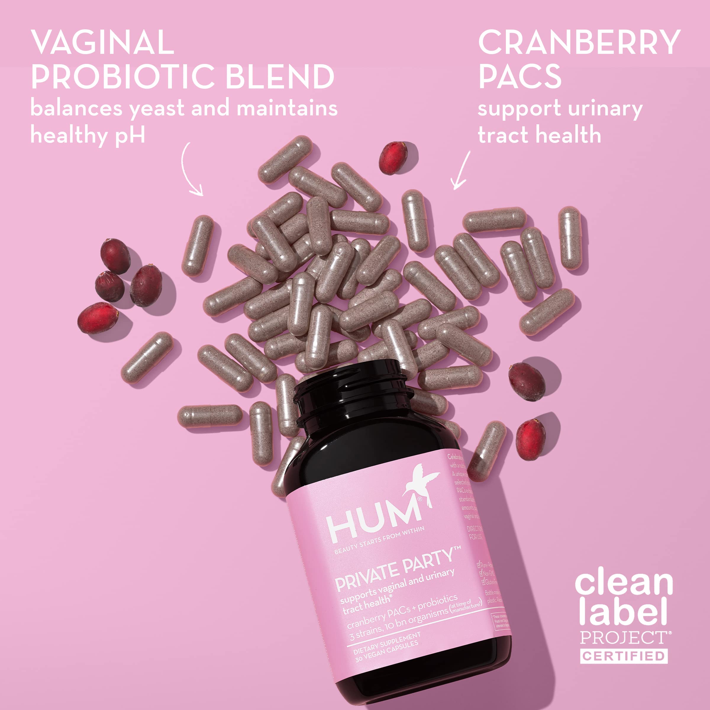 Closeup of Hum Private Party capsules showing Lactobacillus strains and cranberry blend for urinary health support.