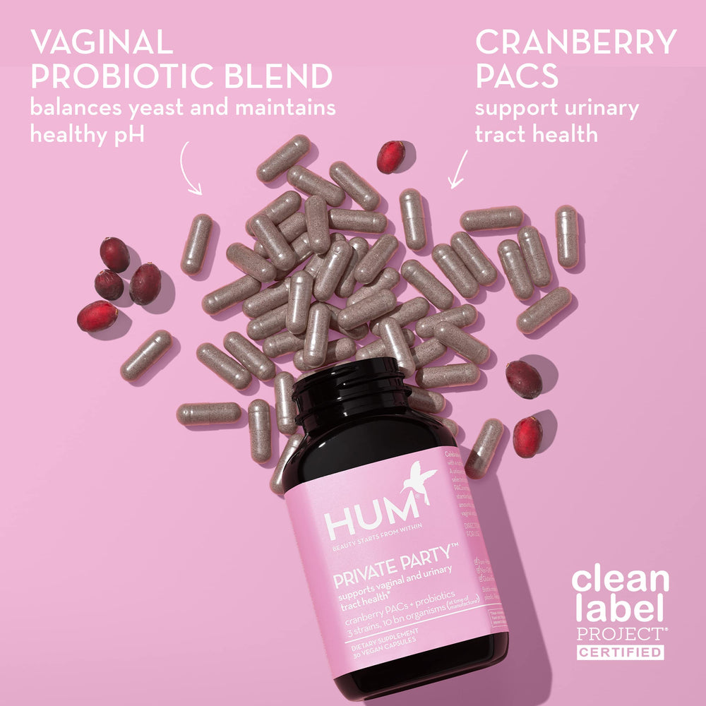Closeup of Hum Private Party capsules showing Lactobacillus strains and cranberry blend for urinary health support.