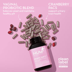 Closeup of Hum Private Party capsules showing Lactobacillus strains and cranberry blend for urinary health support.