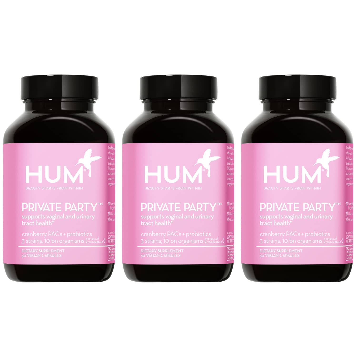 Hum Private Party bottle front view highlighting a convenient daily vaginal probiotic.